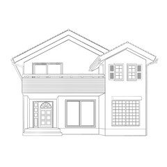Architectural line illustration of a detached residential house, showcasing its exterior, multiple windows, main door, and upper balcony