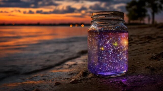 Jar with galaxy concept on the beach at sunset with golden colors