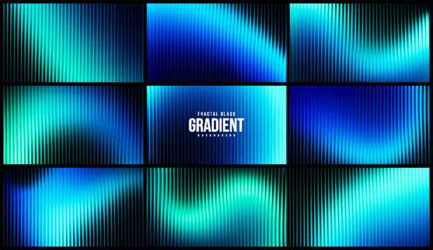 Set of futuristic neon fractal glass backgrounds with vibrant blue wavy gradients. Dynamic series of neon blue gradient backgrounds shaped by ribbed fractal glass for digital project and visual design