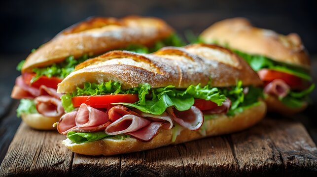 Three substantial deli-style subs overflowing with fresh ingredients rest upon a rustic wooden surface