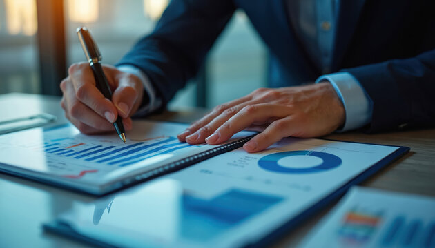 Man in suit writes on financial report with charts and graphs. Person analyzes data at desk, planning business strategy, assessing economic performance and market trends. - Powered by Adobe