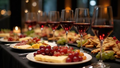 Table setting includes plates cheese grapes crackers, glasses red wine. Buffet table provides selection food catering. Concept corporate event celebration. Luxury dinner setup glasses of wine for