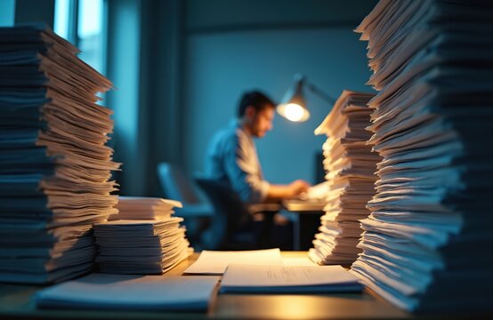 Man working late at night in office. Piles of paperwork surround him. Businessman works overtime at desk with documents under lamp light. Exhausted employee is stressed.