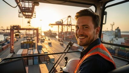 Smiling Crane Operator at Sunset Overseeing Busy Shipping Yard & Global Logistics Operations