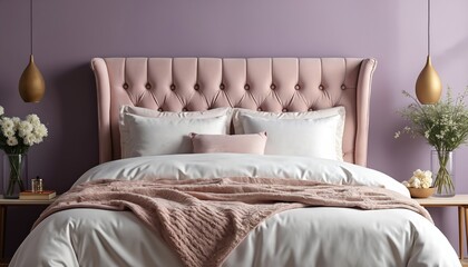 Stylish pink tufted bed with white bedding sits against pastel purple wall. Soft throw blanket and elegant pendant lamps add coziness to this modern bedroom interior decor.
