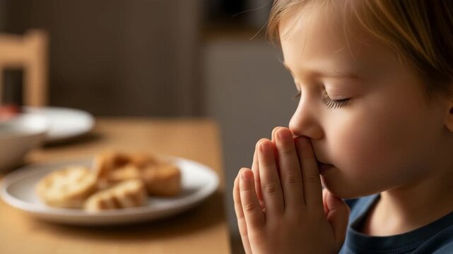 Modern Christian child prays before eating.