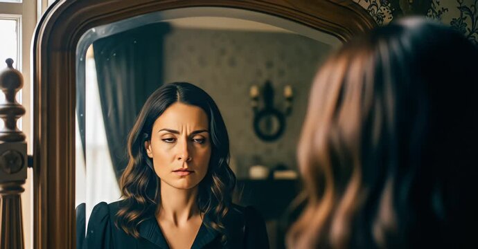 Close up of a shocked woman staring at her reflection in a vintage mirror with wide eyes full of disbelief and sudden realization