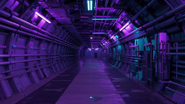 Futuristic underground tunnel glowing with purple and blue neon lights.
