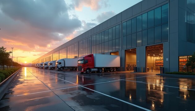 Lineup of semi trucks parked outside modern distribution warehouse at sunset. Wet asphalt reflects colorful sky and vehicles. Open loading bay doors reveal interior shelving and equipment.