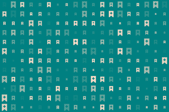 Seamless pattern of medical bookmark icons with plus signs on a teal background, representing health, care, and positive well-being.
