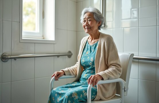 Elderly Asian woman sits in bathroom with safety grab bars installed. She wears floral dress and cardigan. Window lets in natural light into tiled room. Scene conveys sense of care and security.