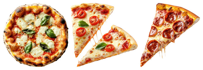 PNG Delicious variety of pizza slices, element set on transparent background
