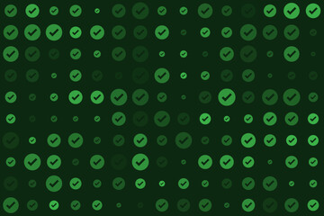 Dynamic green checkmark pattern background with varying circle sizes, indicating positive outcomes, verification, and successful operations.