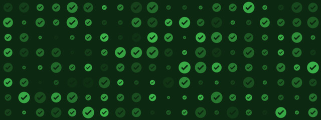 Seamless pattern of green checkmark icons in circles on a dark background, representing success, approval, and verification in a digital context