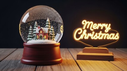 Cozy Christmas Snow Globe and Glowing Neon Merry Christmas Sign on Wooden Table