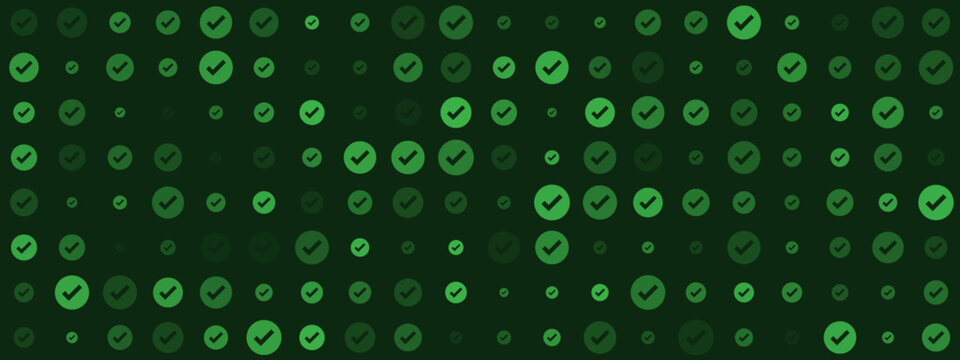 Seamless pattern of green checkmark icons in circles on a dark background, representing success, approval, and verification in a digital context