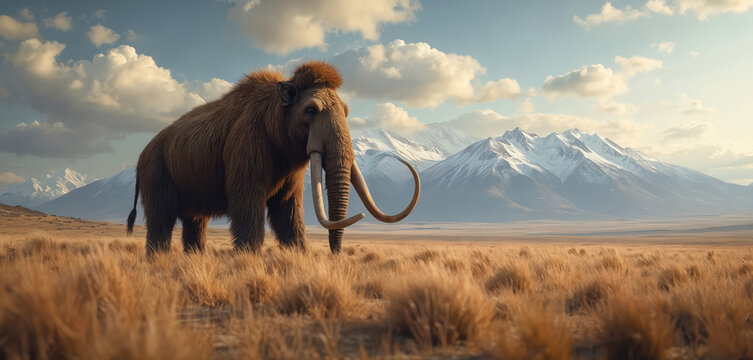 Woolly mammoth walks across dry grass plain. Snowy mountains rise in background under cloudy sky. Prehistoric mammal appears in its natural habitat.