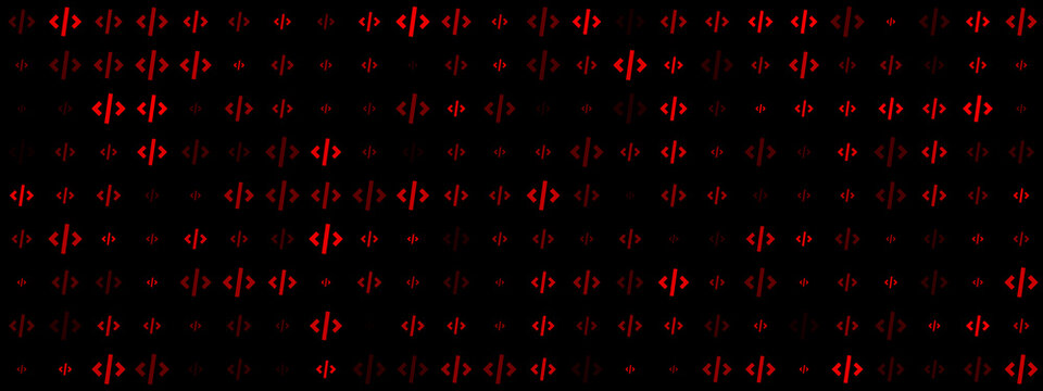 Abstract digital background with repeating red code tags pattern on a black screen, symbolizing programming, web development, and data technology.