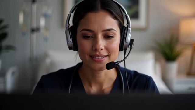 Healthcare professional using headset for telemedicine in hospital setting