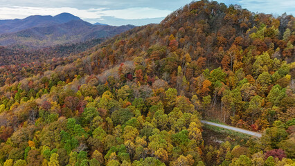 Aerial view of fall colors in the mountains