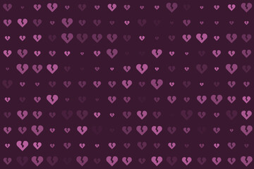 Seamless pattern of broken hearts in varying shades of purple and pink, creating an abstract background symbolizing sadness, heartbreak, and emotional pain.