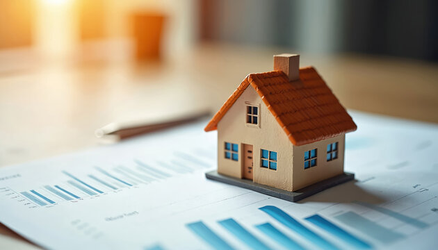 House model stands on finance chart. Concept of real estate market analysis, investment strategy. Property value determination, home loan mortgage, economic growth forecast. Housing price