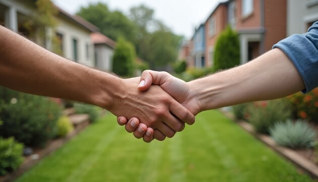 Two people shake hands in front yard with green grass, houses in background. Neighbors agree, cooperate, resolve dispute. Hands clasped together in sign of mutual respect, understanding. Friendly