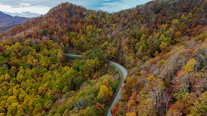 Aerial view of fall colors in the mountains