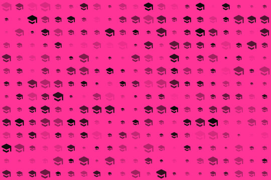 Vibrant pink background with a seamless pattern of stylized graduation caps in varying shades of fuchsia and purple, symbolizing academic achievement and educational milestones.