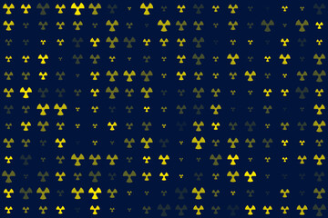 Abstract pattern of yellow radioactive warning symbols on a dark blue background, indicating danger and nuclear energy and technology.