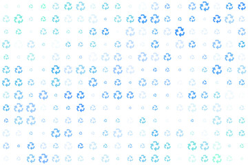 Abstract digital background with glowing blue and green recycling symbols creating a seamless pattern, representing sustainability, environmental protection, and eco-friendly technology.