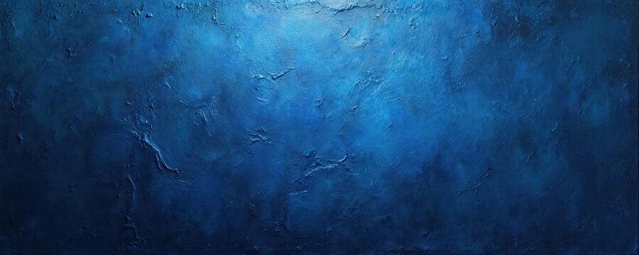 Deep textured blue abstract background. Rough uneven surface with light highlights and dark shadows, resembling aged plaster or storm clouds, adds depth and drama.
