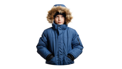 A boy wearing a blue winter coat with a fur-lined hood. The boy has his hands in his pockets. The jacket looks warm and cozy