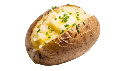 A delicious baked potato with melting butter and fresh chives, a simple yet satisfying meal.
