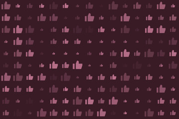 Seamless pattern of pink thumbs up icons on a dark background, representing social media likes, approval, and positive feedback