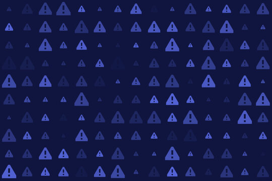 Abstract digital background with a seamless pattern of blue and purple warning triangle icons, symbolizing alerts, errors, and caution in a technological context.