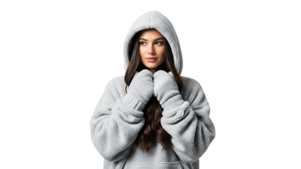 A woman bundled up in a cozy hoodie and mittens, looking thoughtful. The model is wrapped in the warmth, exuding both comfort and style