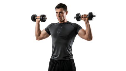 A muscular person doing dumbbell exercise with weights in studio