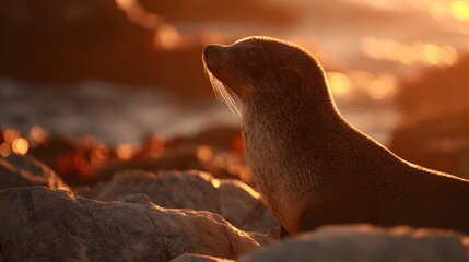 Young marine mammal poses on rugged coastal rocks during a warm sunset