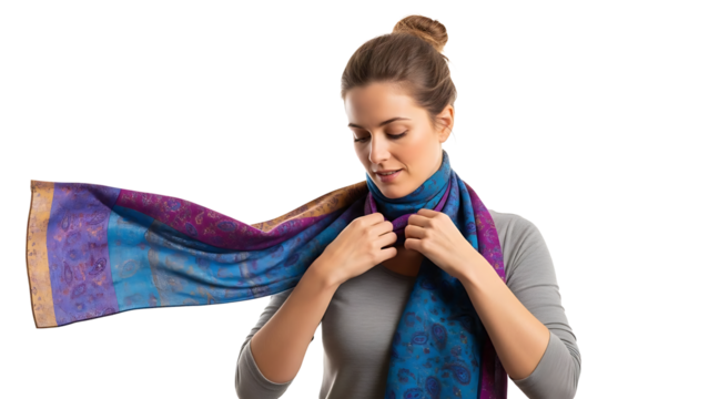A woman is meticulously adjusting a stylish scarf around her neck, showcasing its elegant design. The scarf has a vibrant design. - Powered by Adobe