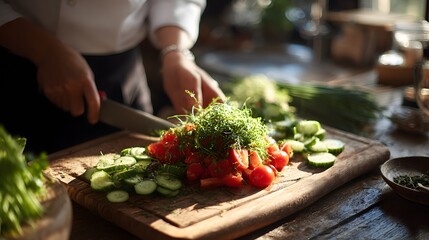 Chef finely prepares fresh vegetables on wooden cutting board bathed in sunlight