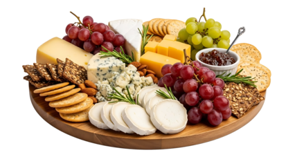 A delicious assortment of cheeses, grapes and crackers arranged on wooden board, creating a visually appealing and appetizing spread.