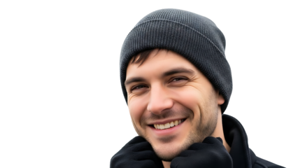 A Smiling Man Wearing a Beanie and Gloves