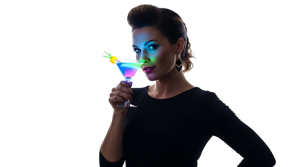 A woman drinks a colorful cocktail