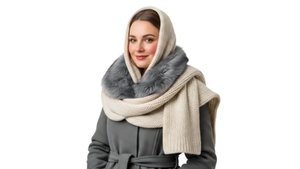 Woman in a stylish winter scarf, scarf, hooded, winter, coat, warm clothing 