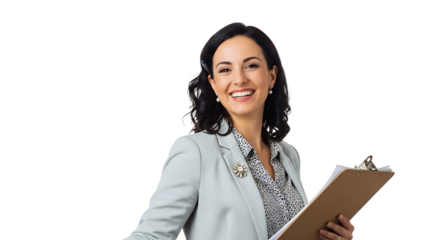 A smiling businesswoman holding a clipboard, presenting confidence and professionalism.