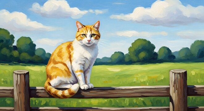 Ginger cat on wooden fence - Peaceful countryside illustration for design projects