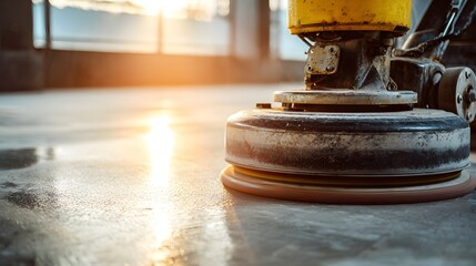 Industrial floor buffer machine polishes concrete surface during bright sunrise