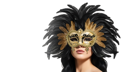 A woman is wearing a beautiful masquerade mask with ornate feathers. The mask has an intricate design and the woman appears poised and mysterious
