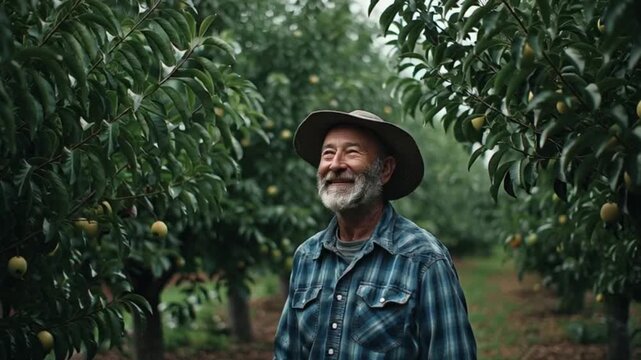 An elderly farmer wearing a straw hat and plaid shirt stands serenely in an orchard surrounded by green trees and yellow fruit, gazing upwards